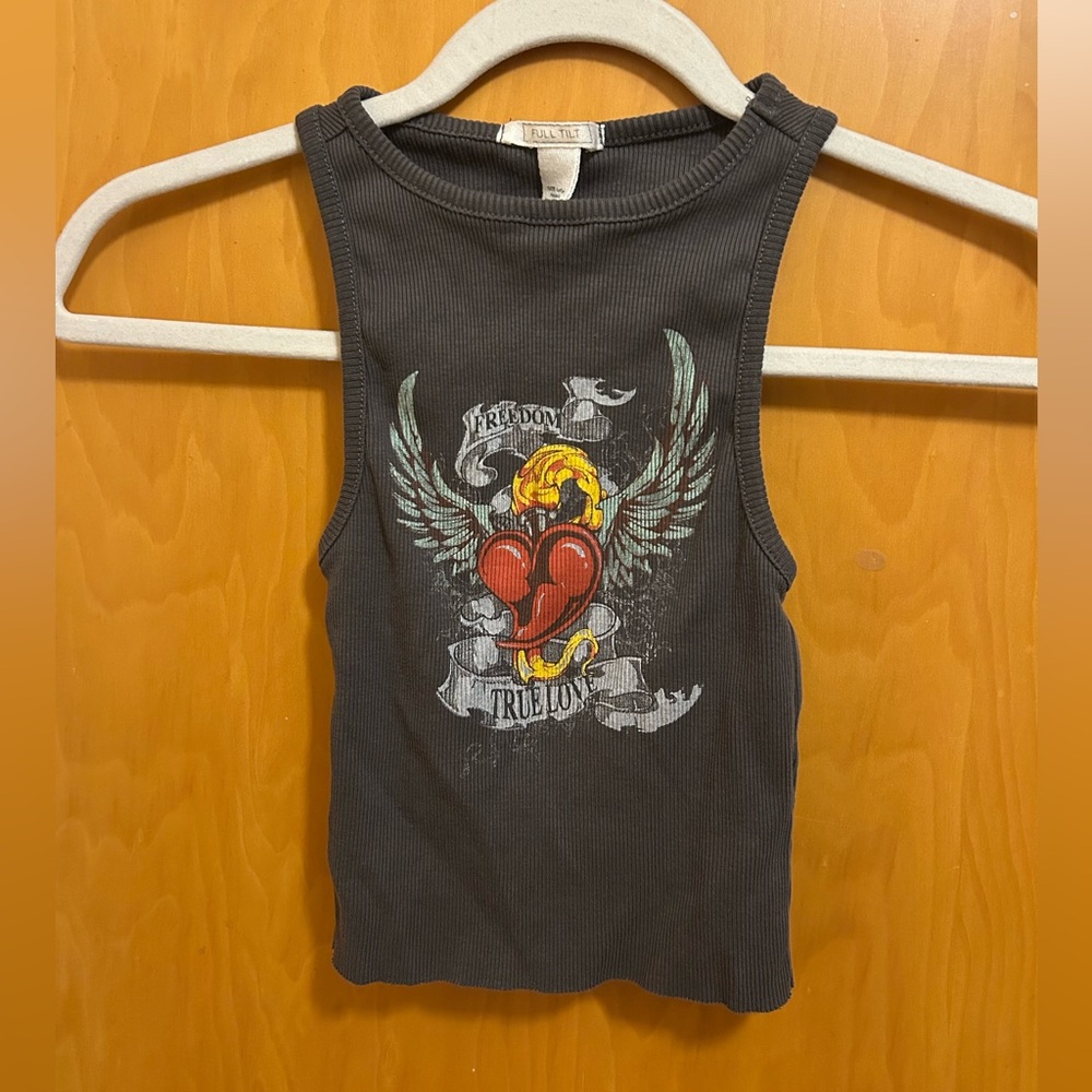 Full Tilt Black Crop Top with Red Heart Graphic